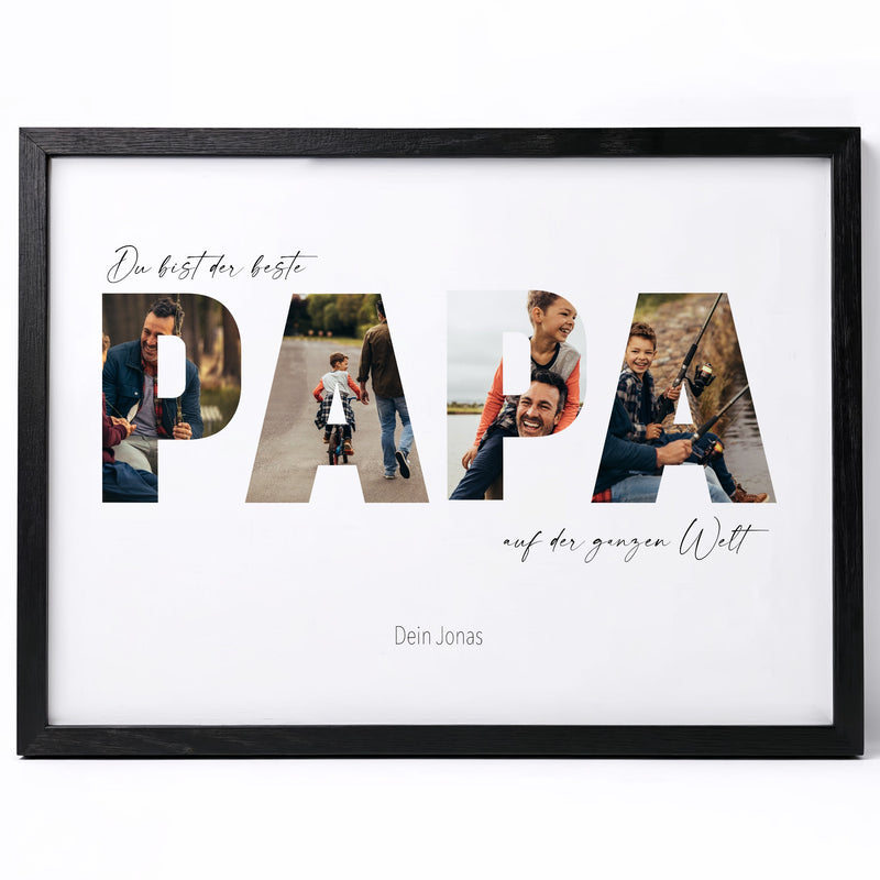 Fotobuchstaben-Poster PAPA im Holzrahmen, in jedem Buchstaben ein Foto