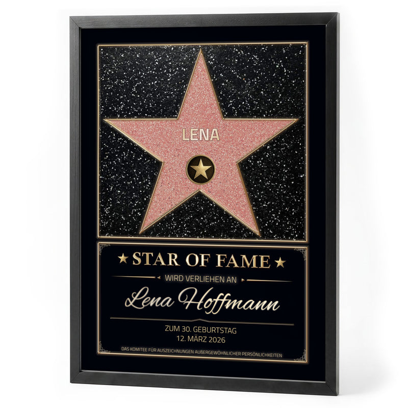 Star-of-Fame-Poster im schwarzen Rahmen mit Stern, Wunschname Lena und Plakette