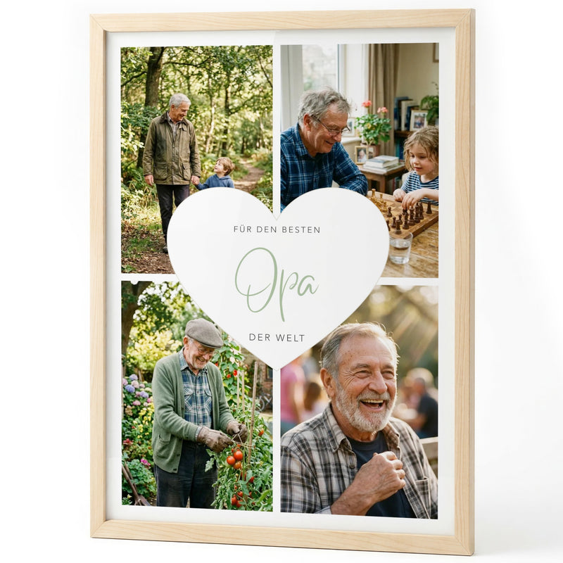 Fotocollage Herz Opa mit vier Fotos im Holzrahmen