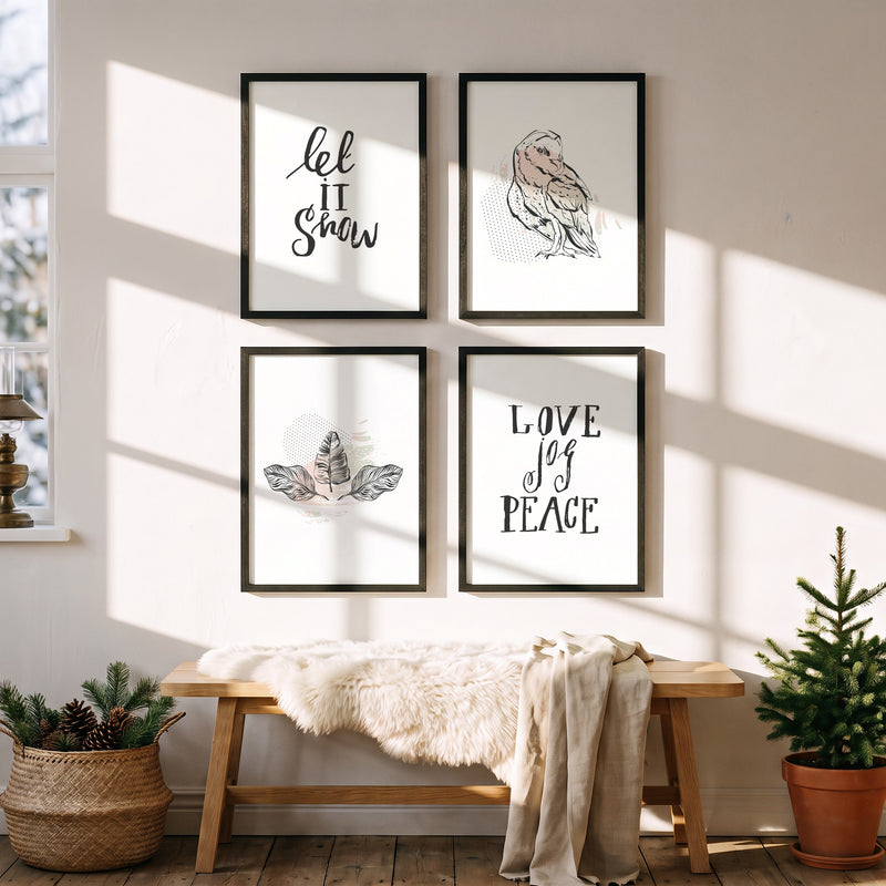 Weihnachtsposter 4er Set Eule gerahmt auf einer Bank