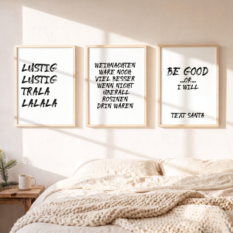 Weihnachtsposter 3er Set Lustig Lustig gerahmt auf einer Bank
