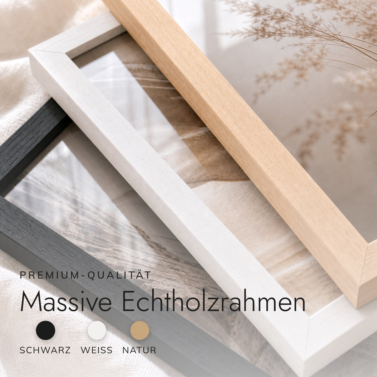 Holzrahmen in Schwarz, Weiß und Natur im Vergleich