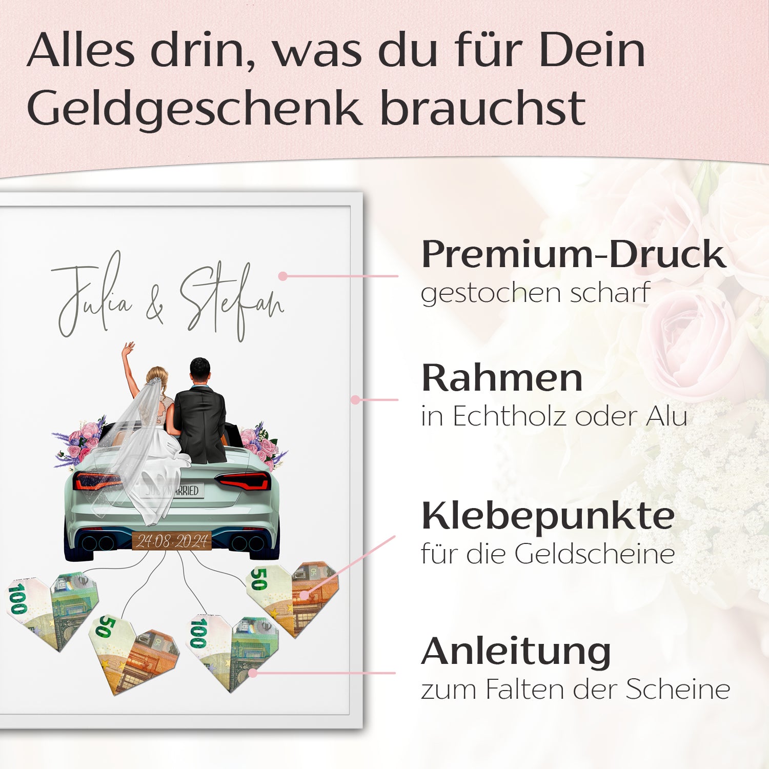Personalisiertes Geldgeschenk - Brautpaar in Hochzeitsauto "New Car"