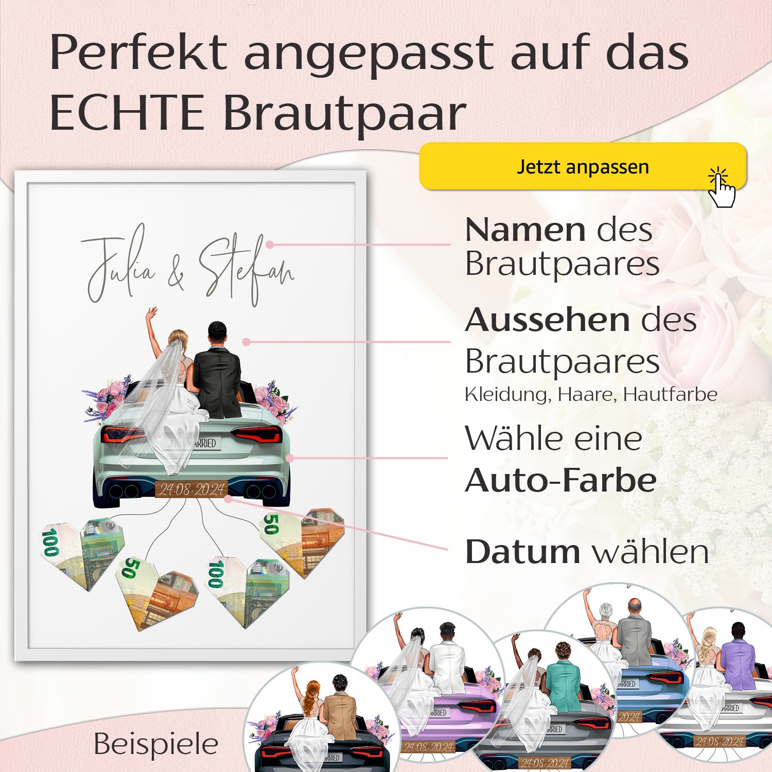 Personalisiertes Geldgeschenk - Brautpaar in Hochzeitsauto "New Car"