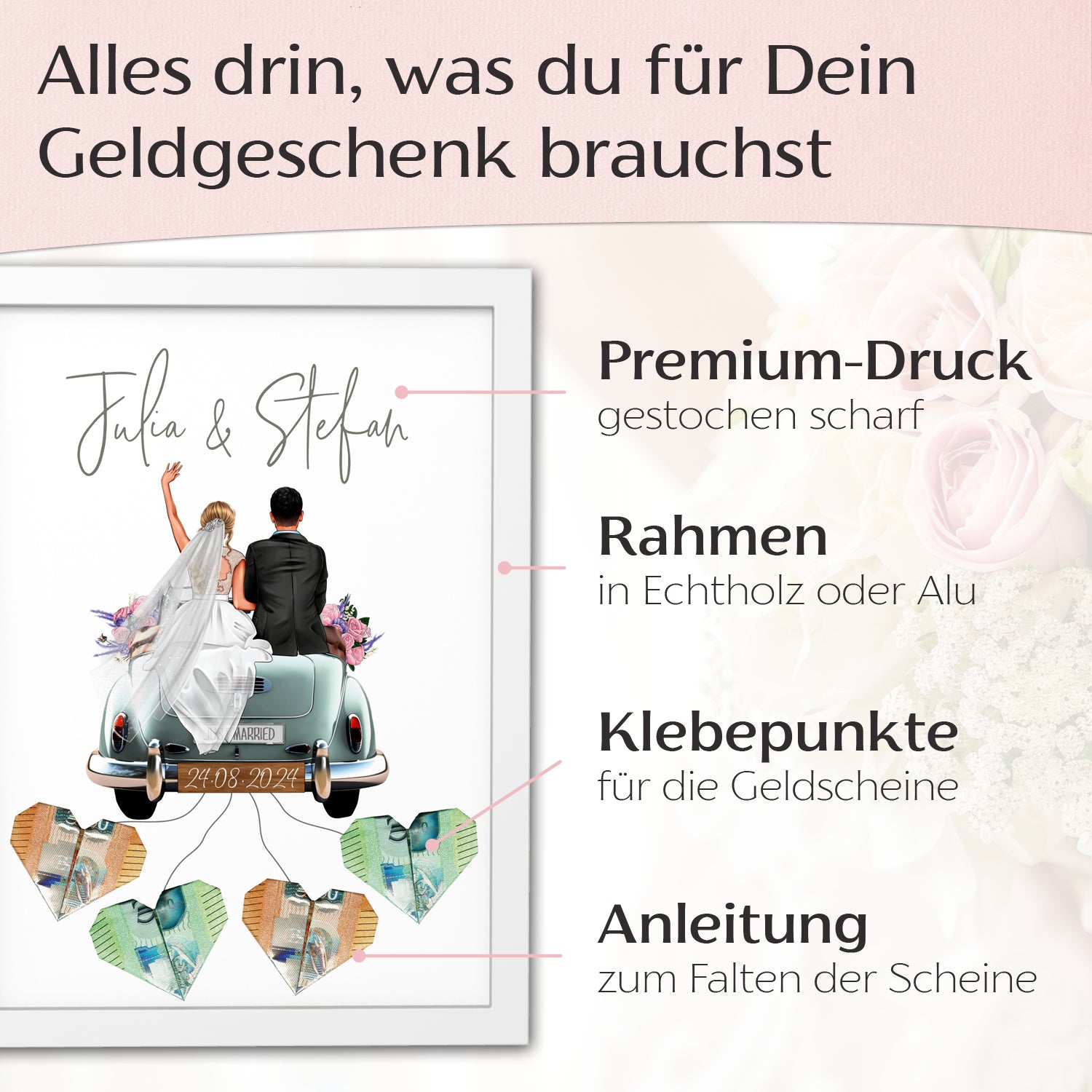 Personalisiertes Geldgeschenk - Brautpaar in Hochzeitsauto "Old Car"