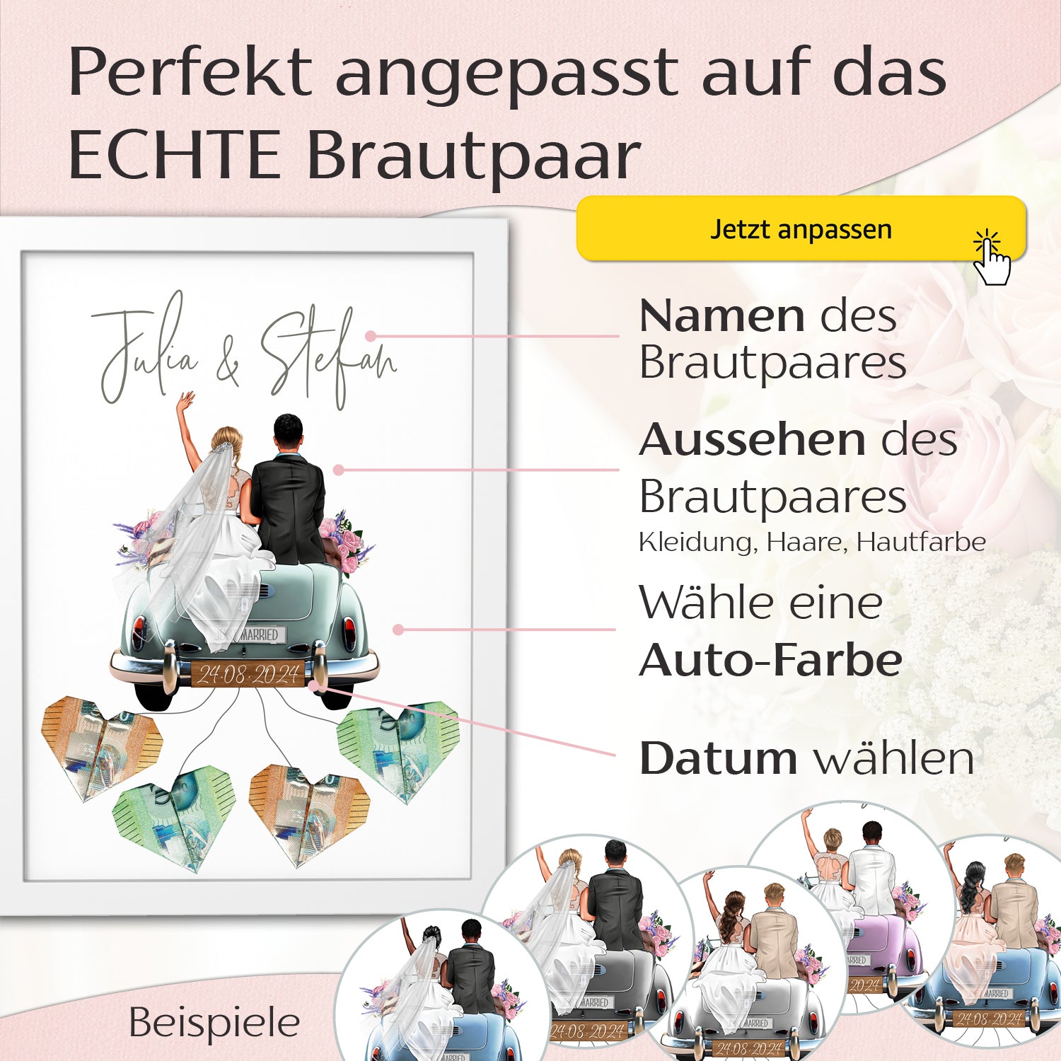 Personalisiertes Geldgeschenk - Brautpaar in Hochzeitsauto "Old Car"
