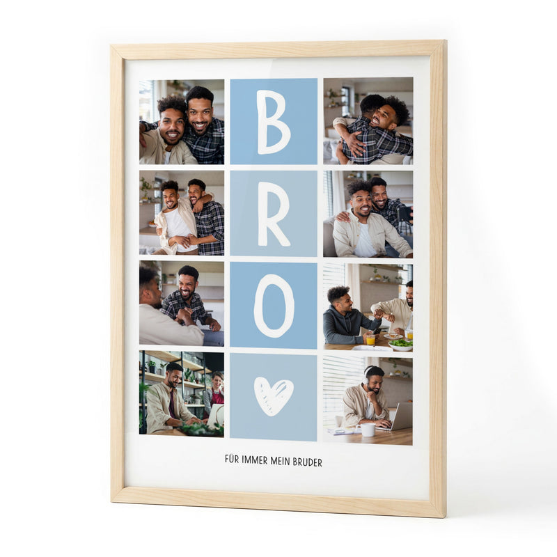Fotocollage BRO mit acht Fotos und Widmung im Holzrahmen