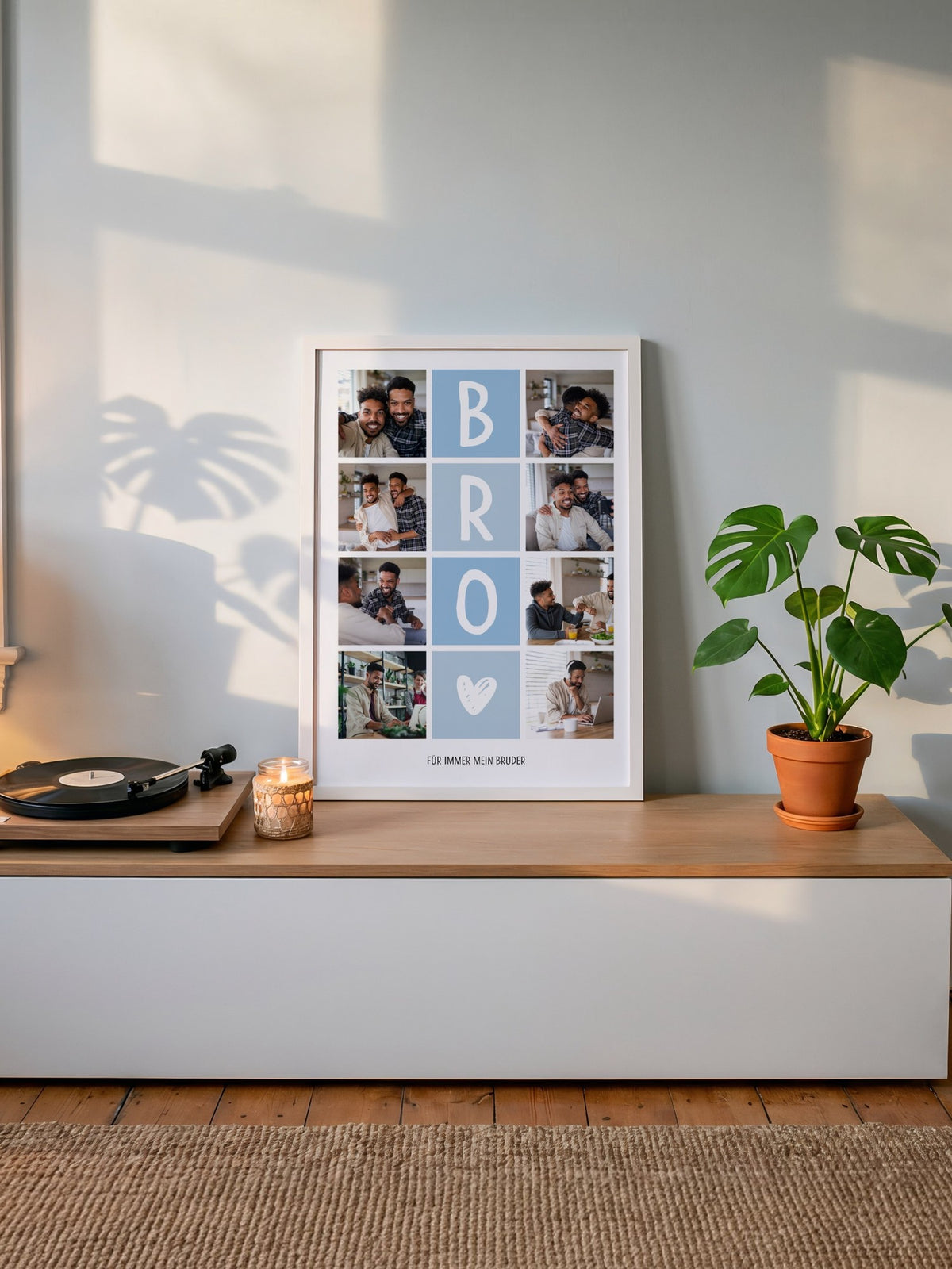 Fotocollage BRO mit acht Fotos und Widmung im Holzrahmen