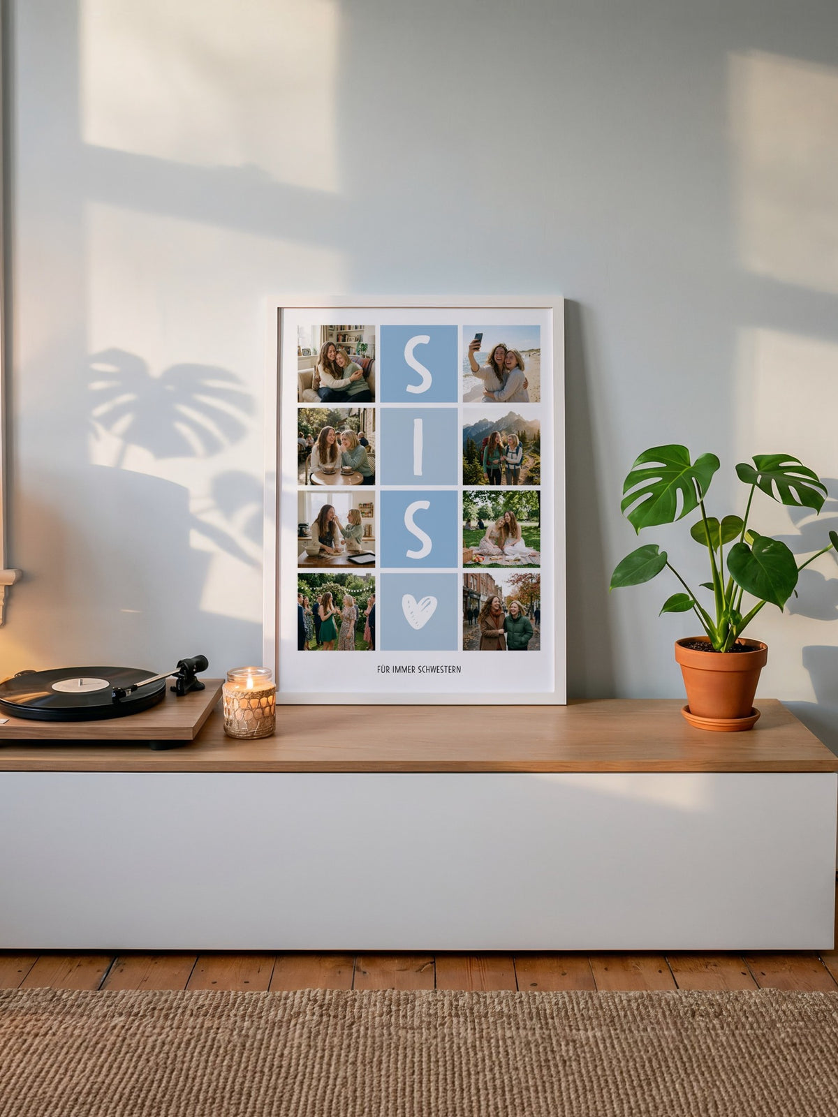 Fotocollage SIS mit acht Fotos und Widmung im Holzrahmen