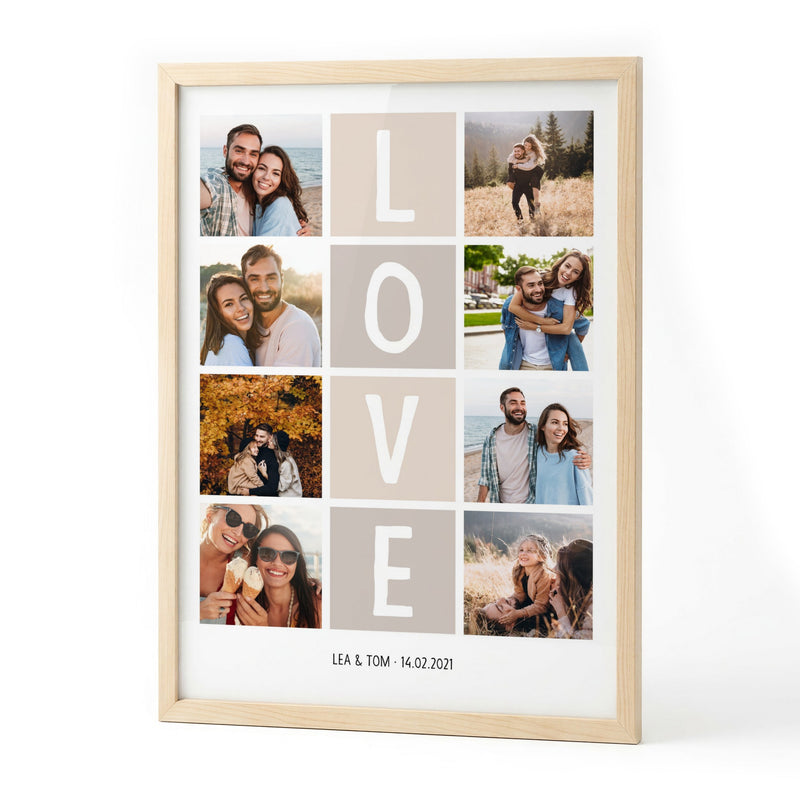 Fotocollage LOVE mit acht Fotos und Widmung im Holzrahmen
