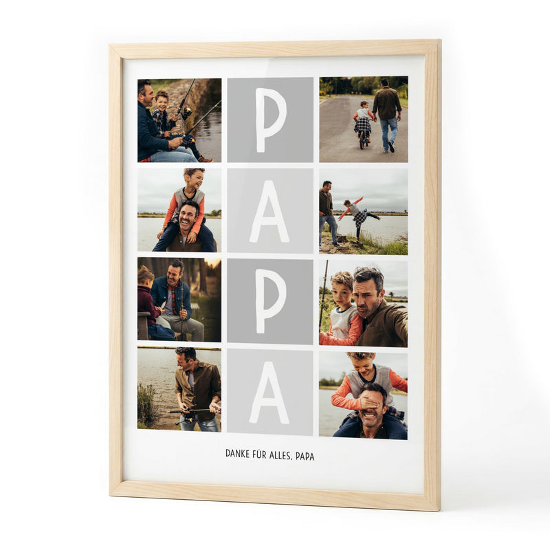 Fotocollage PAPA mit acht Fotos und Widmung im Holzrahmen