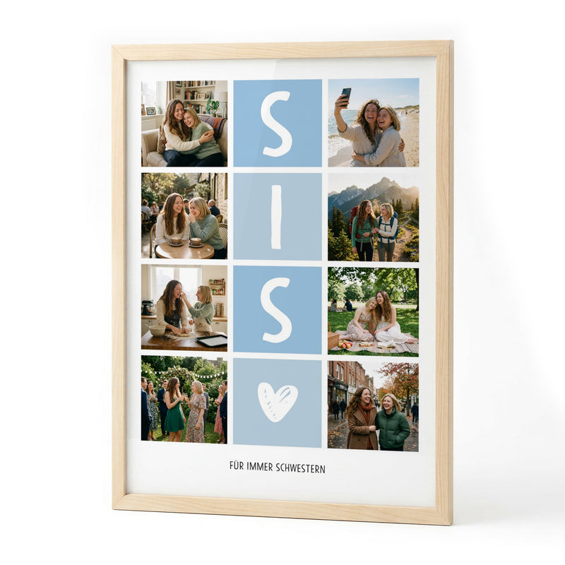 Fotocollage SIS mit acht Fotos und Widmung im Holzrahmen