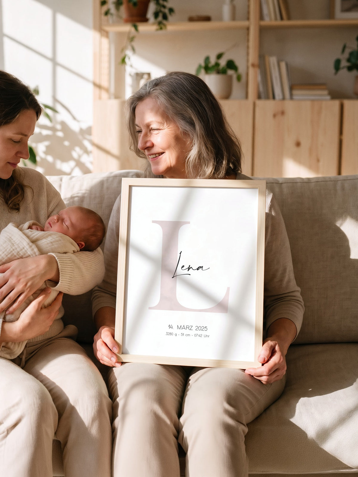 Oma hält das gerahmte Geburtsposter mit dem großen L von Lena in Altrosa auf den Knien, neben ihr die junge Mutter mit dem Neugeborenen im Arm