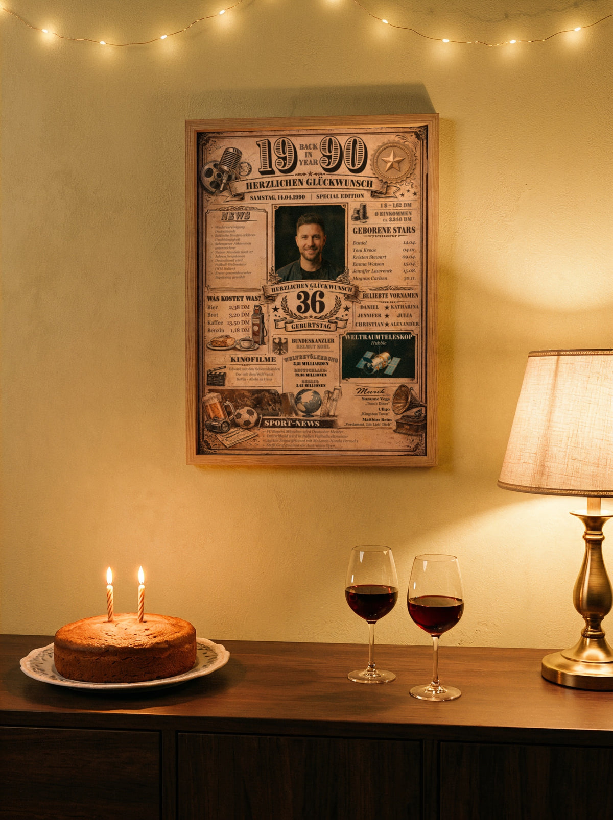 Geburtstagsabend: gerahmtes Back-in-Year-Poster zum Jahrgang 1990 über einem Sideboard mit Kuchen, Kerzen und Rotwein