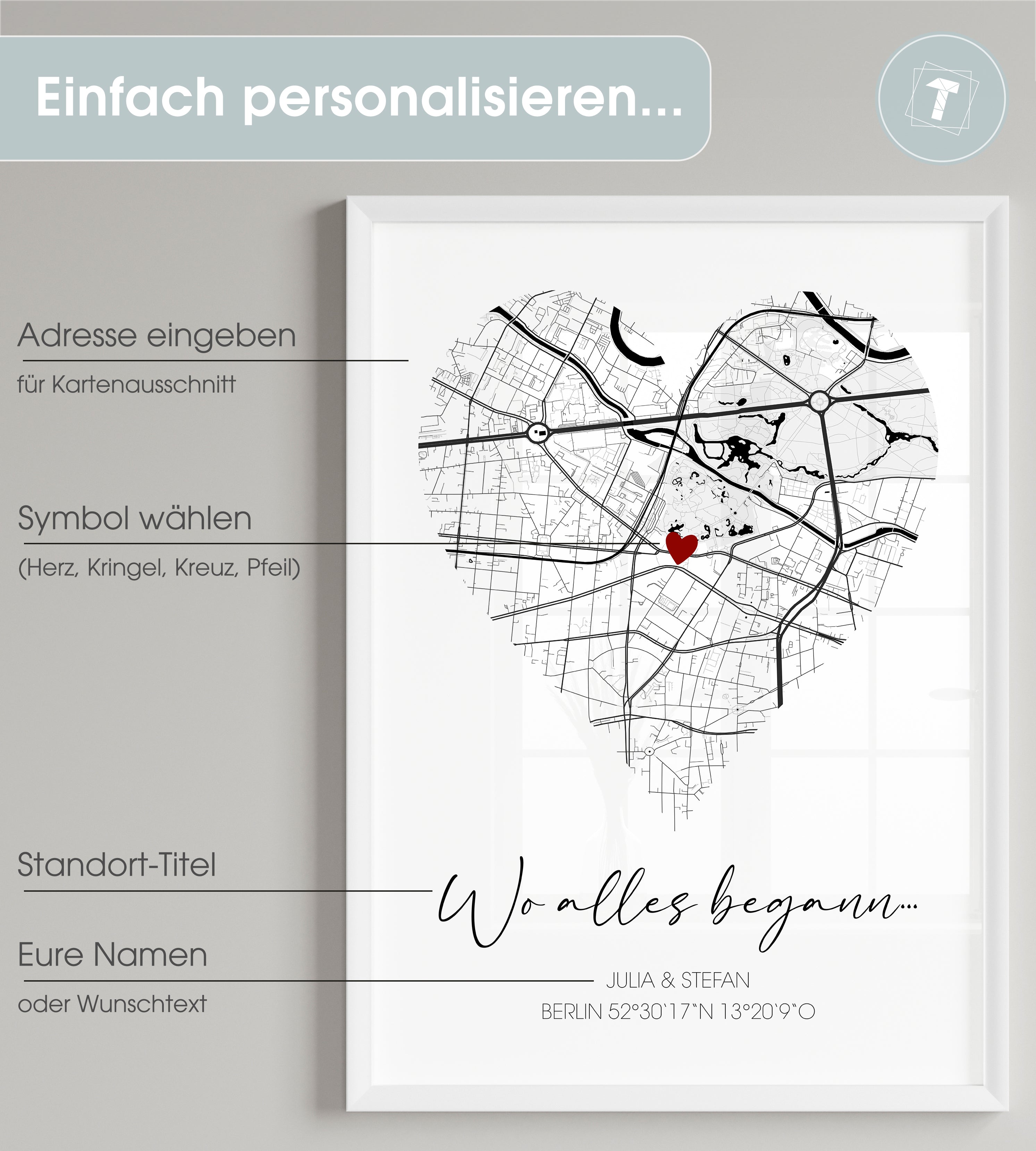Karten-Poster in Herzform - "Wo alles begann"