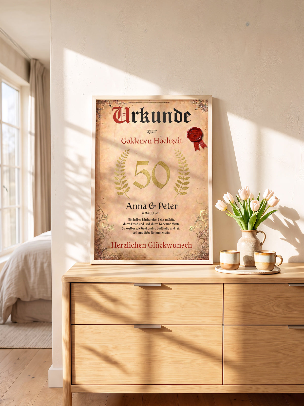 Gerahmte Urkunde zur Goldenen Hochzeit auf einer hellen Kommode im sonnigen Schlafzimmer