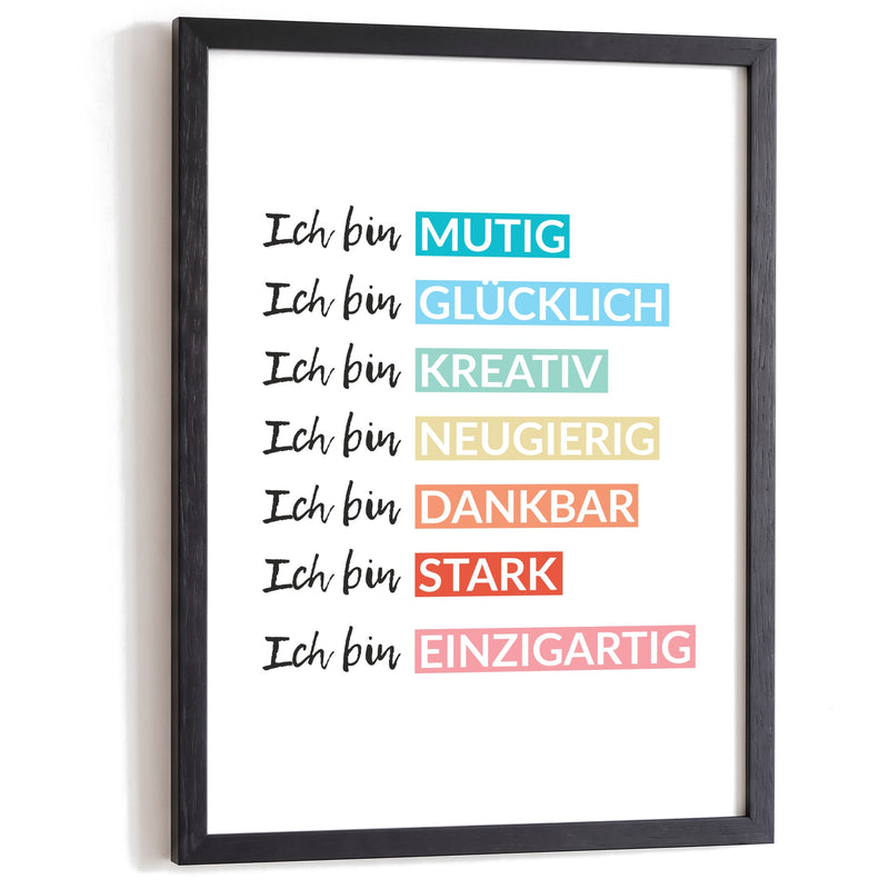 Kinderposter Affirmation Farben im schwarzen Holzrahmen