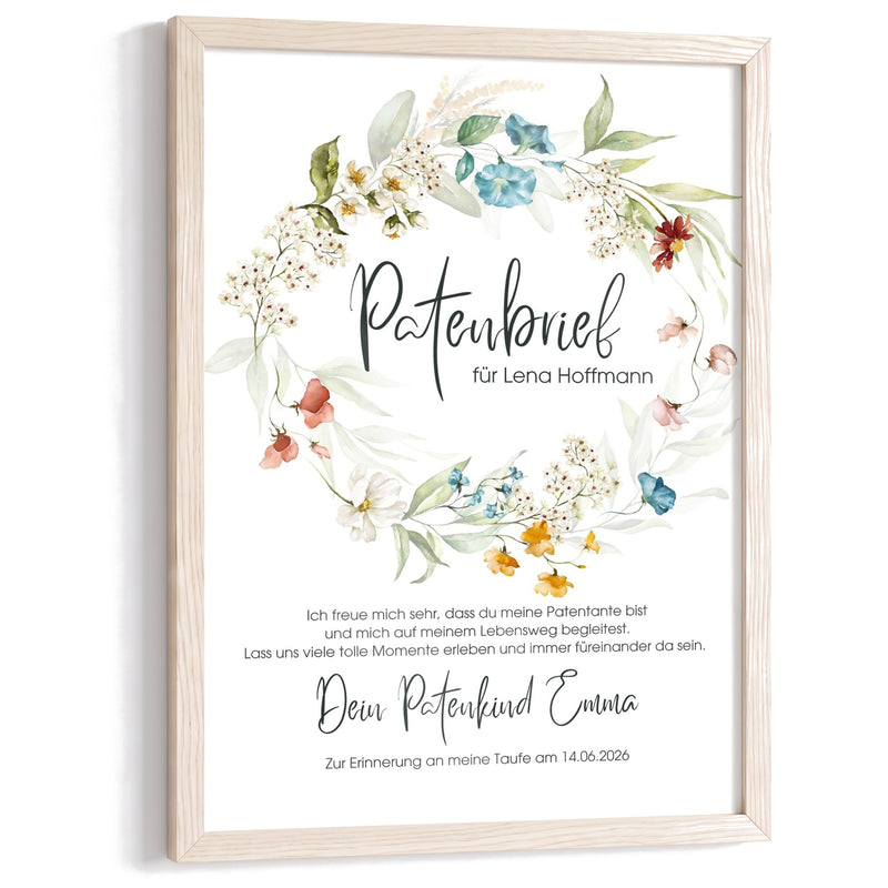 Personalisierter Patenbrief zur Taufe mit Wildblumenkranz in Aquarell im hellen Holzrahmen