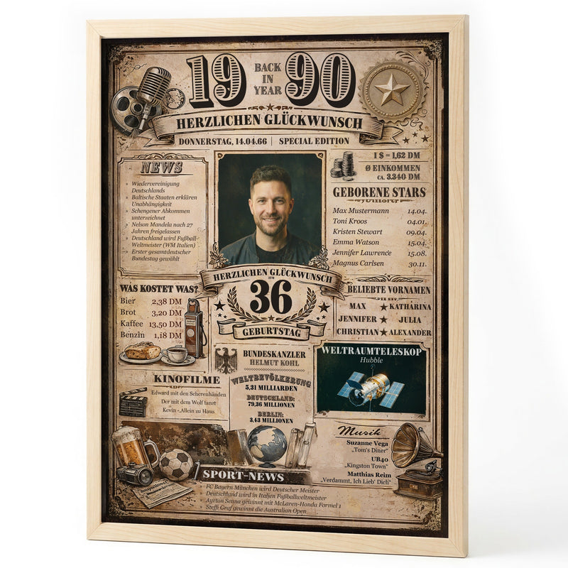 Back-in-Year-Poster zum Jahrgang 1990 mit Foto, Nachrichten und Preisen im Holzrahmen auf weißem Grund