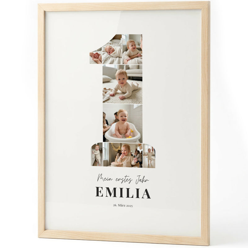 Fotoposter Mein erstes Jahr mit Babyfotos als große 1 im Holzrahmen auf weißem Grund