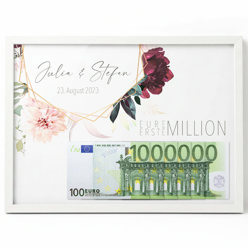 Geldgeschenk-Poster Eure erste Million mit Geldschein und Blumen im weißen Querformat-Rahmen auf weißem Grund