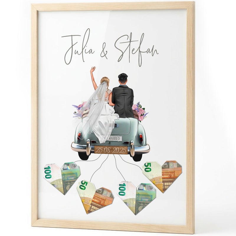 Geldgeschenk-Poster zur Hochzeit mit Brautpaar von hinten im Oldtimer und Geldherzen im Rahmen auf weißem Grund