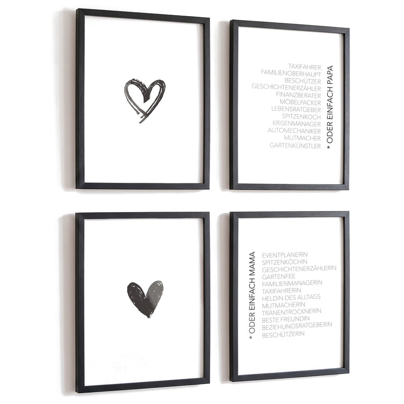 Spruchposter 4er-Set Mama & Papa in schwarzen Rahmen