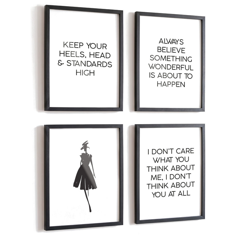 Spruchposter 4er-Set Coco Heels in schwarzen Rahmen