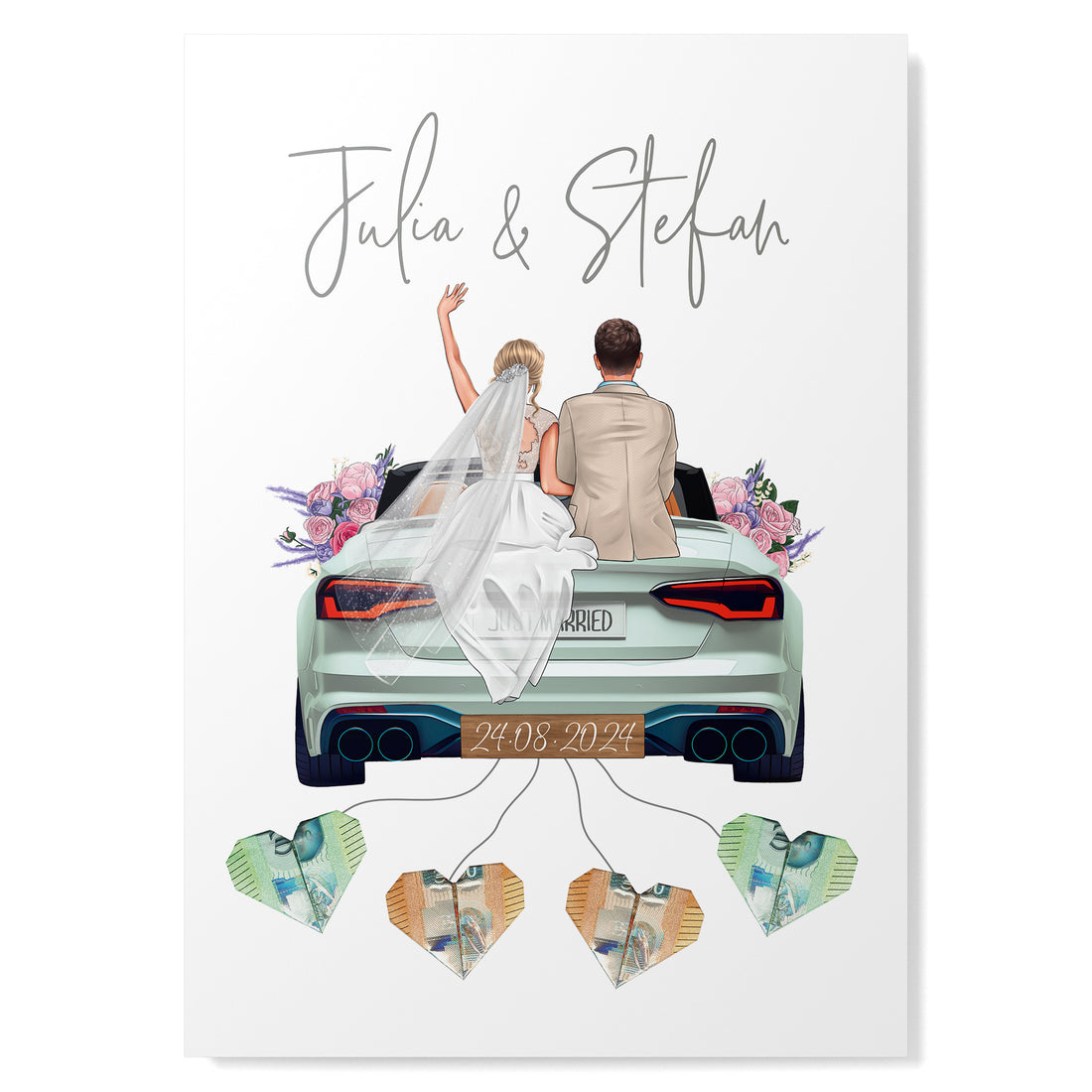 Personalisiertes Geldgeschenk - Brautpaar in Hochzeitsauto "New Car"