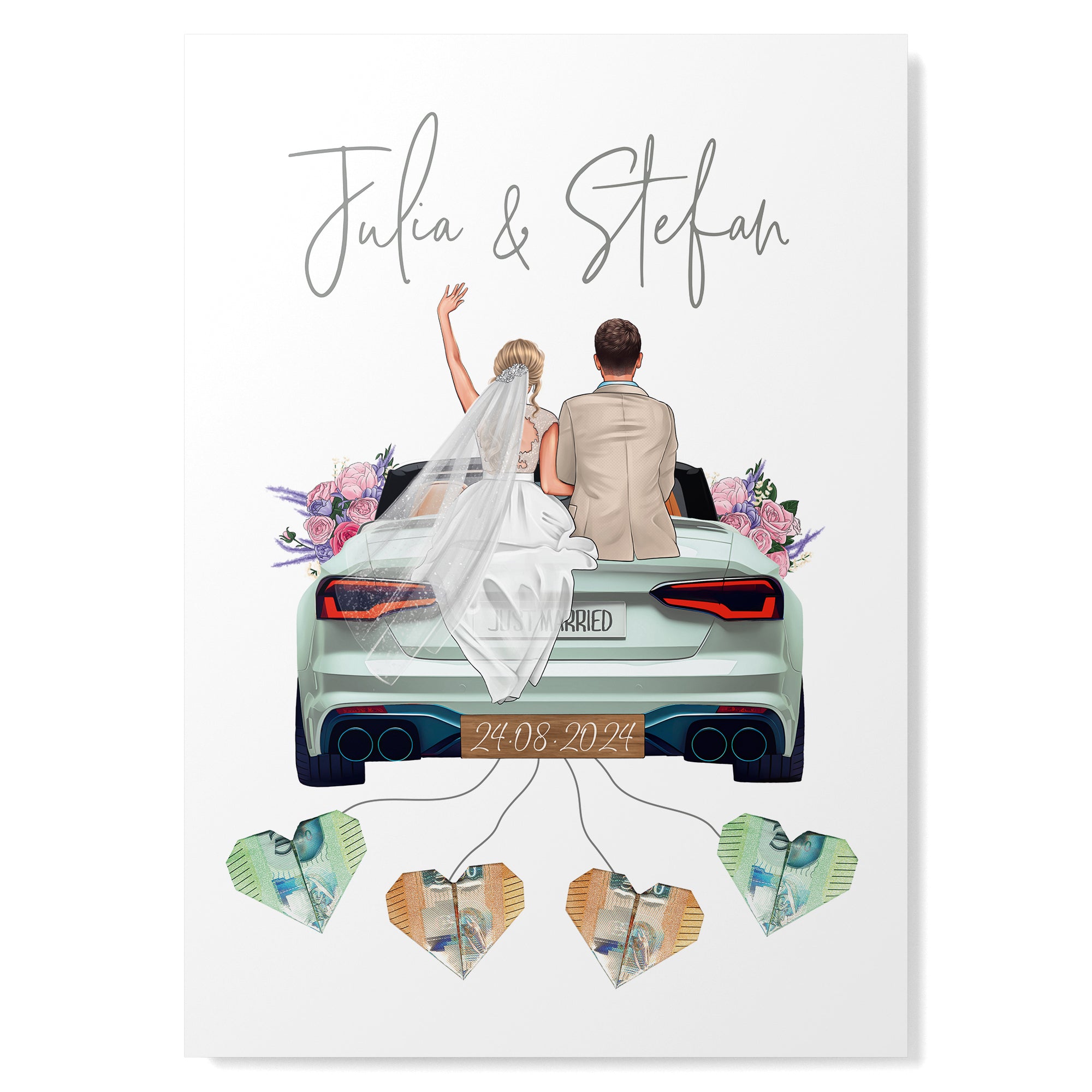 Personalisiertes Geldgeschenk - Brautpaar in Hochzeitsauto "New Car"