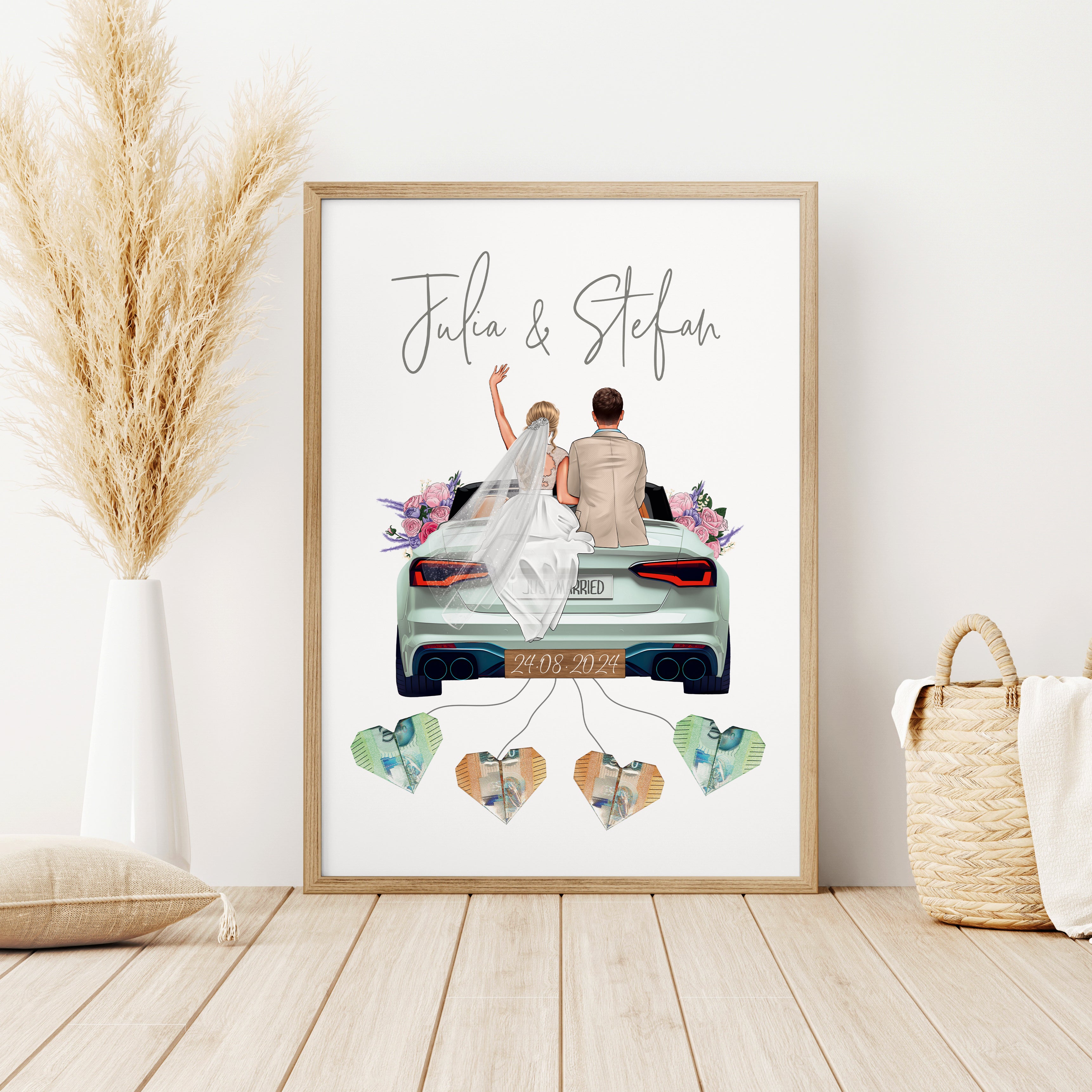 Personalisiertes Geldgeschenk - Brautpaar in Hochzeitsauto "New Car"