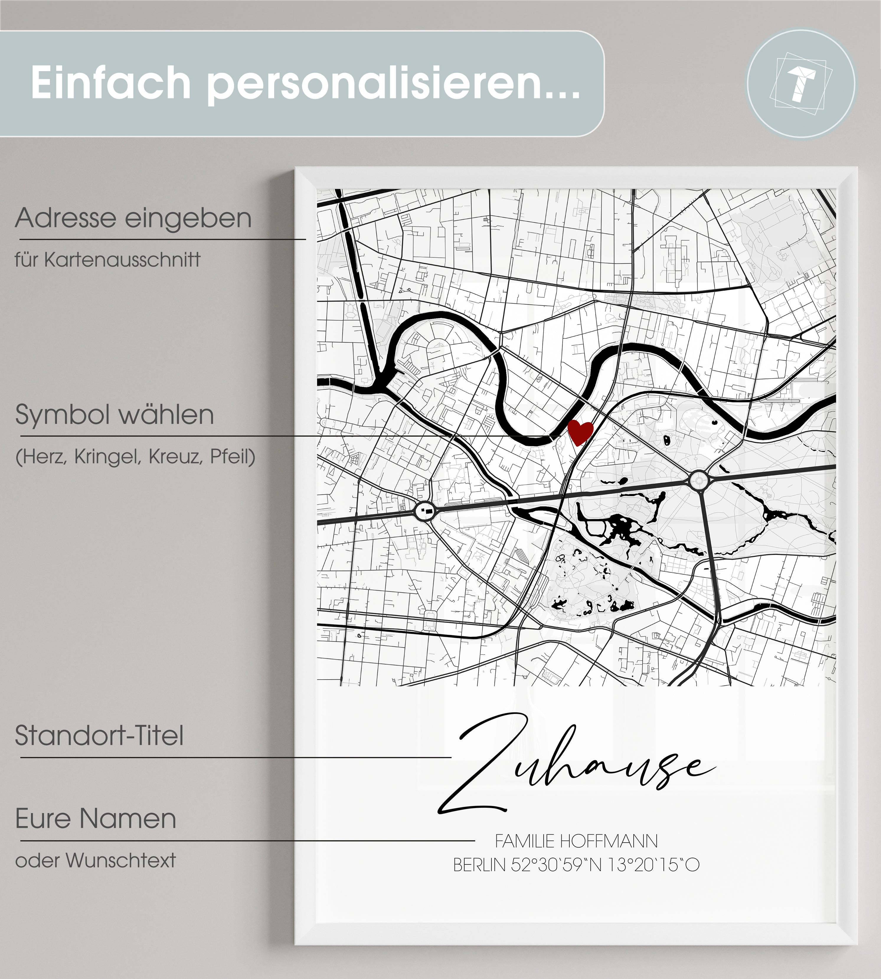 Koordinatenposter "Zuhause" mit Stadtkarte