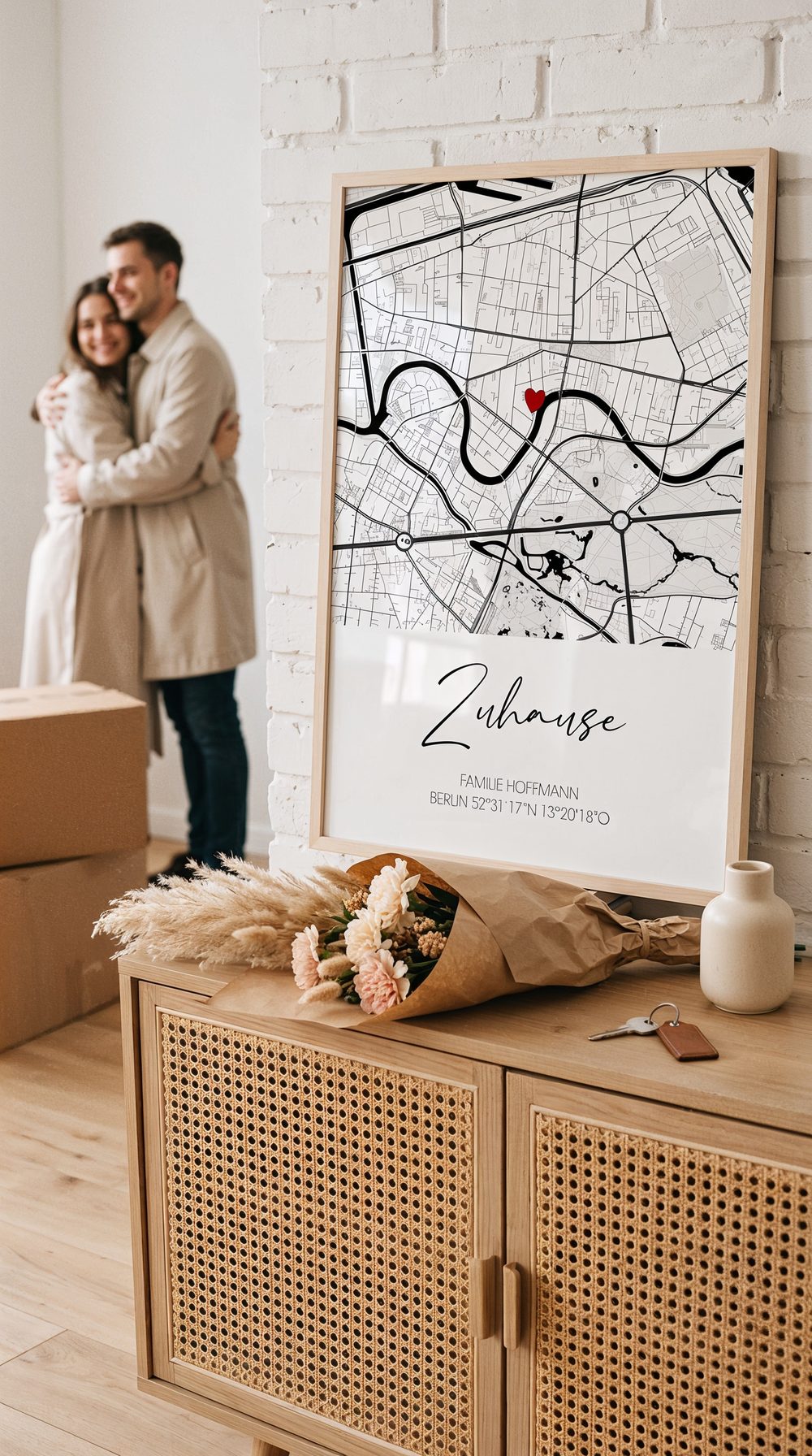 Paar auf dem Sofa haelt ein gerahmtes Karten-Poster