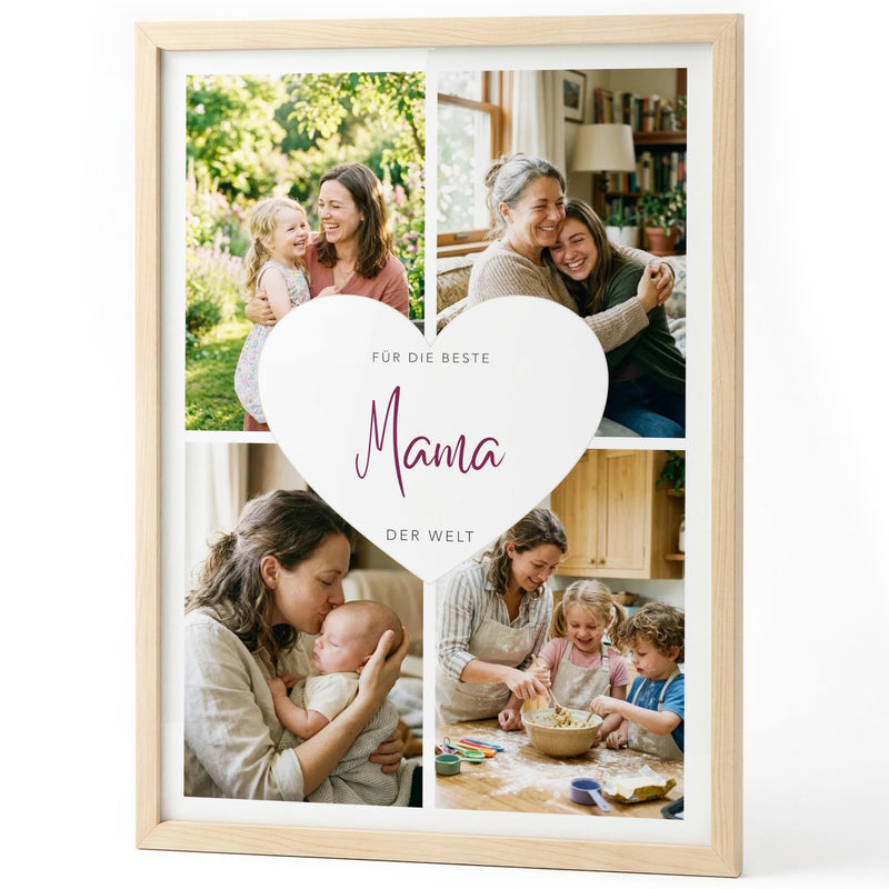 Fotocollage Herz Mama mit vier Fotos im Holzrahmen