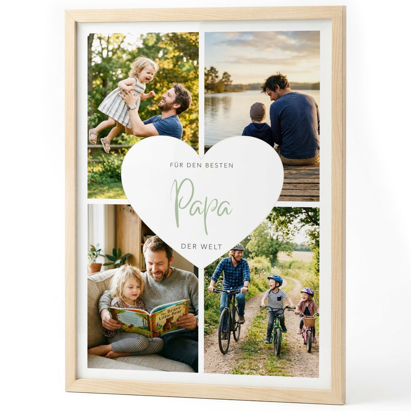 Fotocollage Herz Papa mit vier Fotos im Holzrahmen