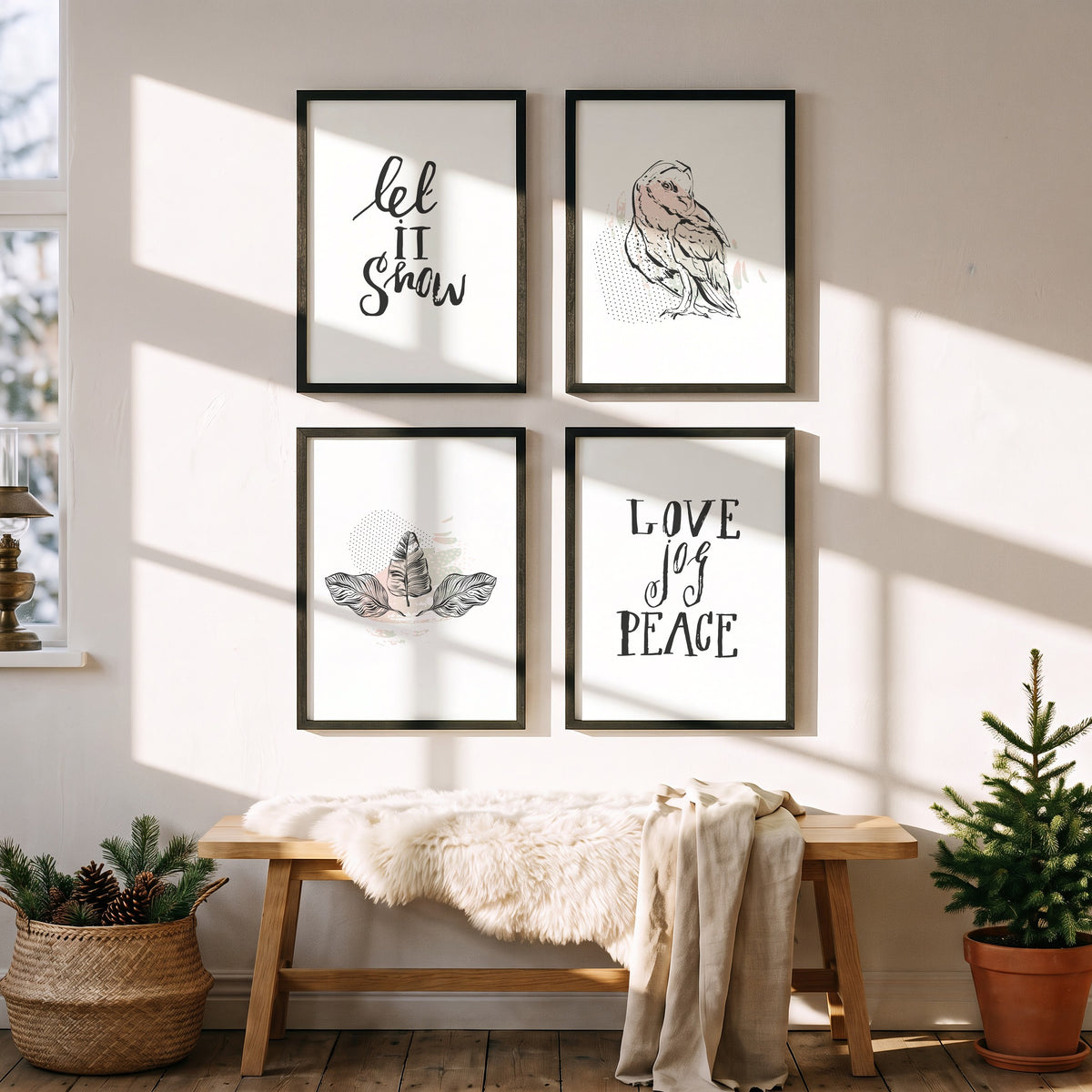 Weihnachtsposter 4er Set Eule gerahmt auf einer Bank