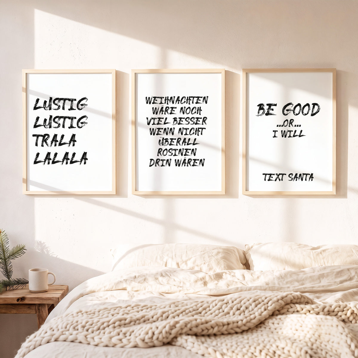 Weihnachtsposter 3er Set Lustig Lustig gerahmt auf einer Bank