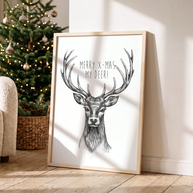 Weihnachtsposter My Deer im Holzrahmen in einem hellen Wohnzimmer