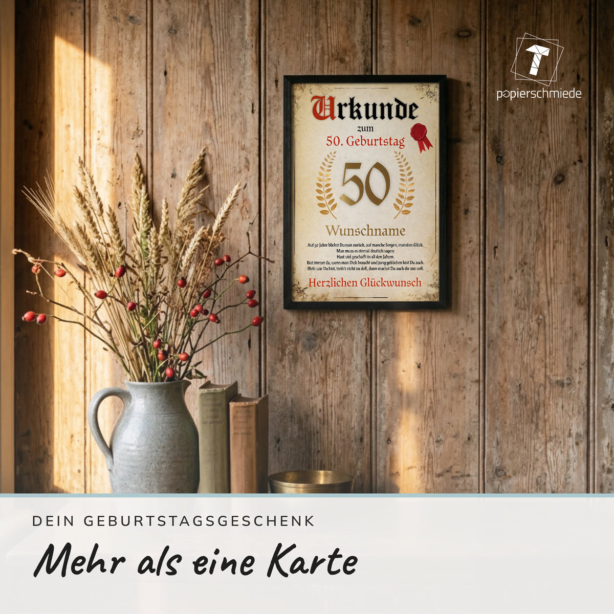 Gerahmte Geburtstagsurkunde an einer Holzwand neben Trockenblumen und einer Steinzeugvase