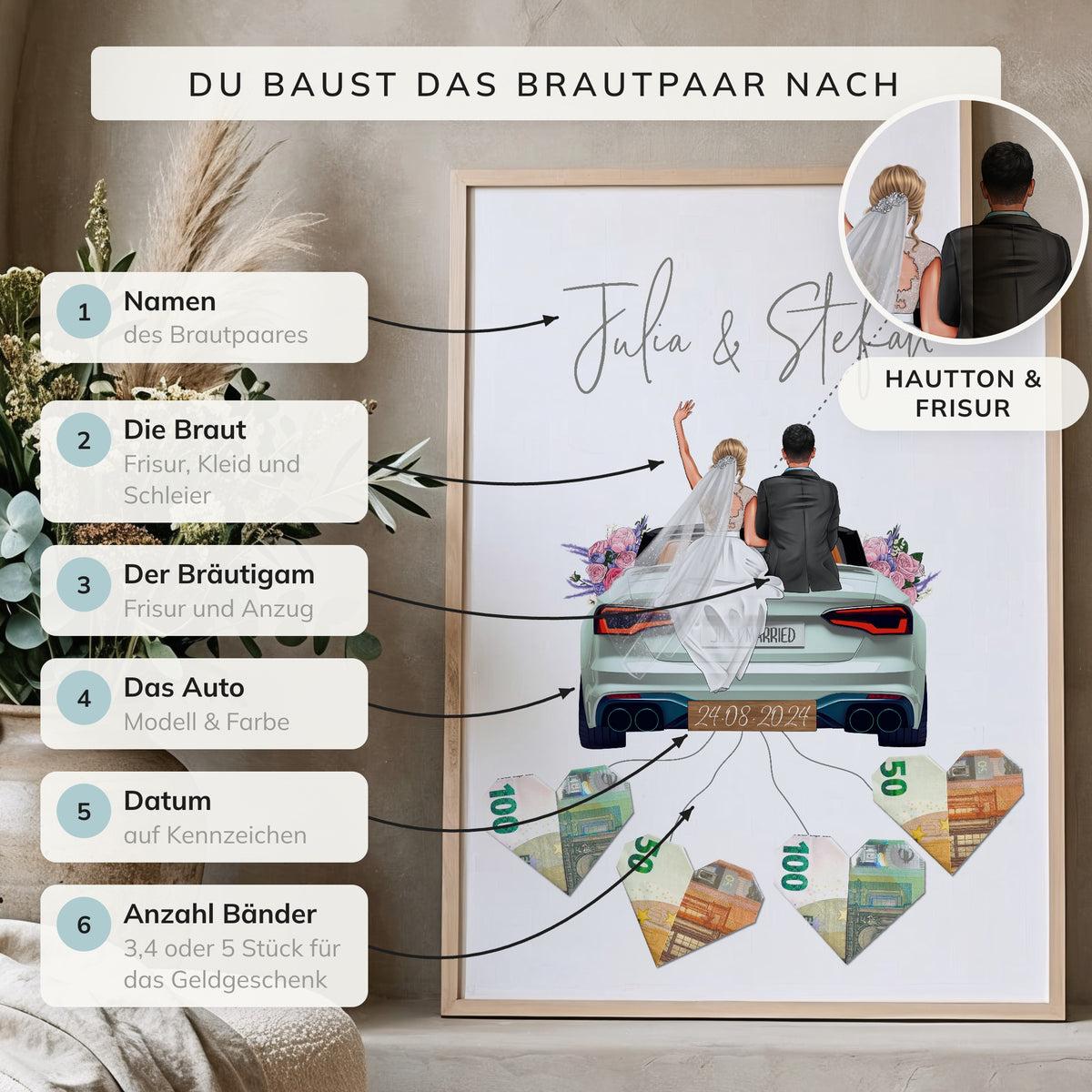 Personalisiertes Geldgeschenk - Brautpaar in Hochzeitsauto "New Car"