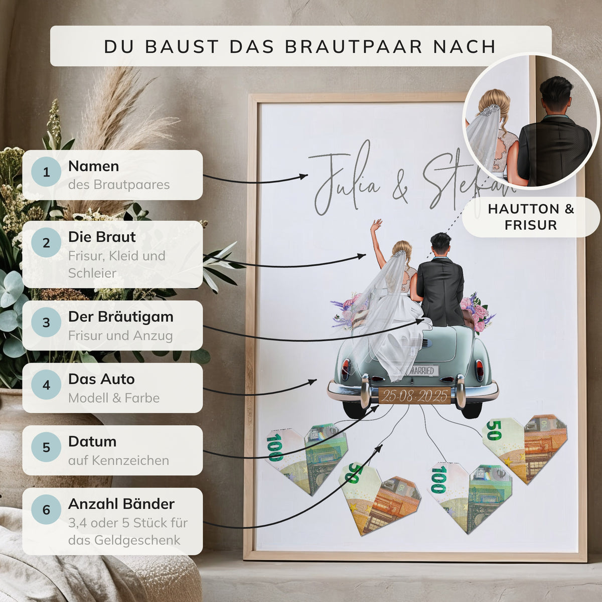 Personalisiertes Geldgeschenk - Brautpaar in Hochzeitsauto "Old Car"