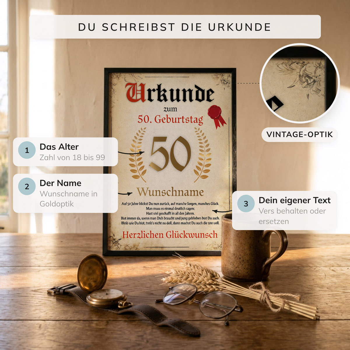 Gerahmte Urkunde auf einem Holztisch mit Erklärung der Felder Alter, Name und eigener Text