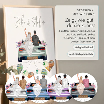 Personalisiertes Geldgeschenk - Brautpaar in Hochzeitsauto "New Car"