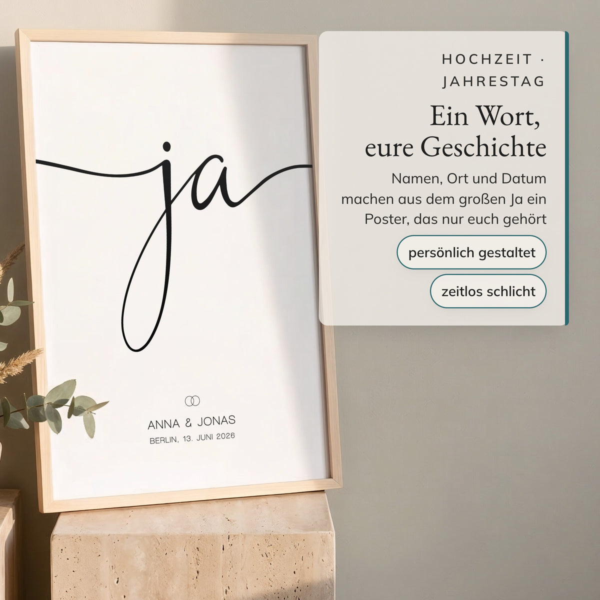 "Ja"-Poster zur Hochzeit mit Namen und Datum – personalisiert