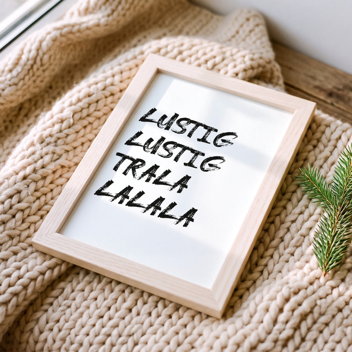 Weihnachtsposter Lustig Lustig im Holzrahmen auf einer Strickdecke