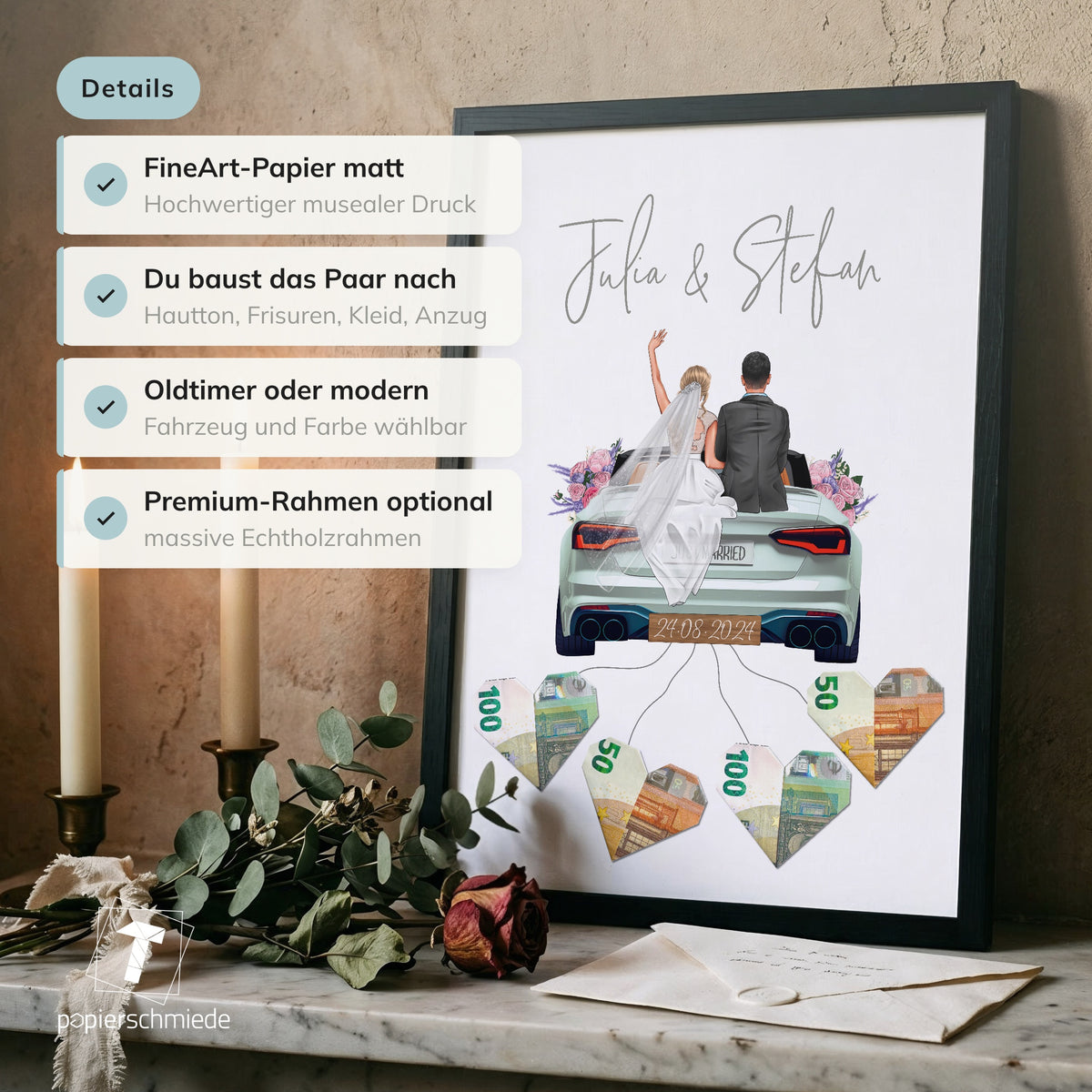 Personalisiertes Geldgeschenk - Brautpaar in Hochzeitsauto "New Car"