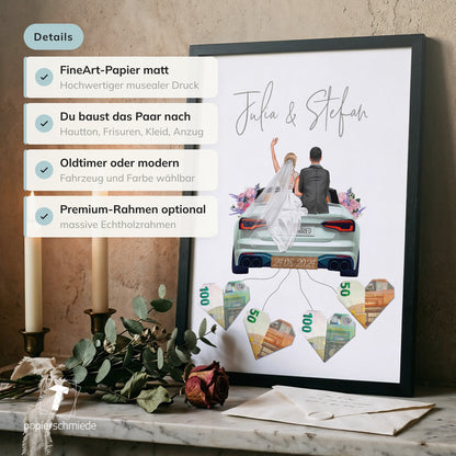 Personalisiertes Geldgeschenk - Brautpaar in Hochzeitsauto "New Car"
