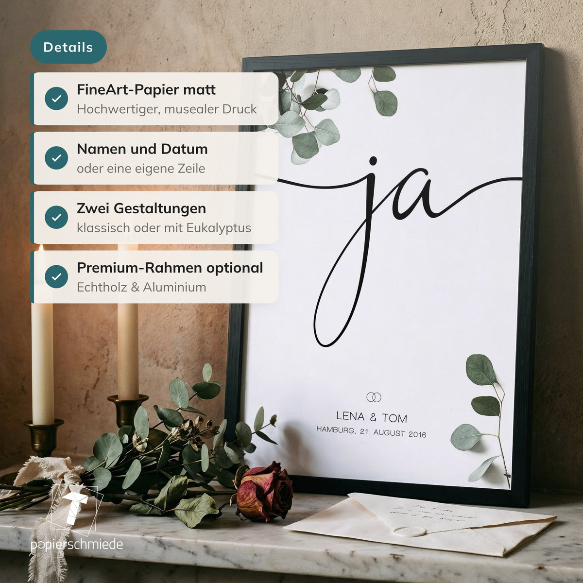 "Ja"-Poster zur Hochzeit mit Namen und Datum – personalisiert