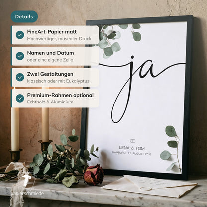 "Ja"-Poster zur Hochzeit mit Namen und Datum – personalisiert