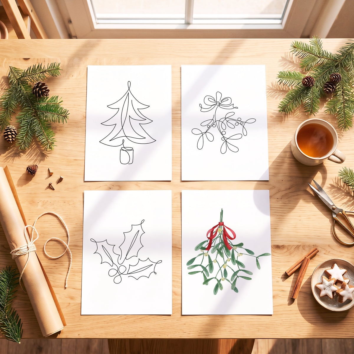 Weihnachtsposter One Line mit weiteren Motiven der Serie auf einem Tisch